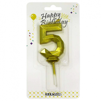 Купить Свеча-цифра в торт «5» золотая граненая 6 см оптом